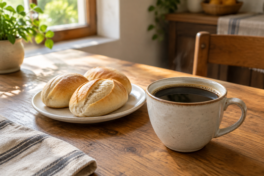 Escena ilustrativa de una taza de café y panificados sobre una mesa de desayuno.