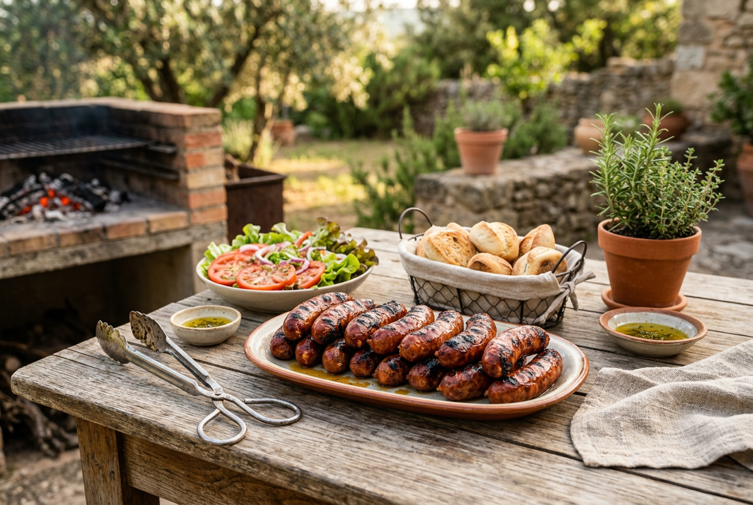 Imagen ilustrativa de chorizos a la parrilla servidos con pan y ensalada sobre una mesa.