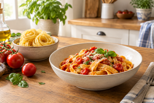 Imagen ilustrativa de tallarines con salsa de tomate junto a fideos secos sobre una mesa.