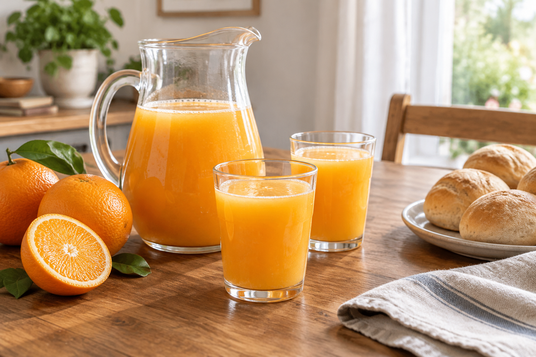 Escena ilustrativa de una jarra y vasos con bebida de color naranja junto a panificados para la merienda.