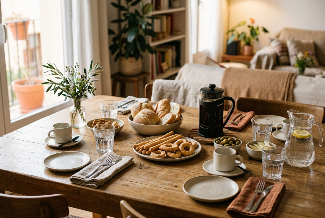 Mesa ilustrativa preparada para compartir una merienda con tazas, café y panificados en fuentes separadas.
