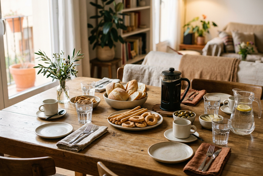 Mesa ilustrativa preparada para compartir una merienda con tazas, café y panificados en fuentes separadas.