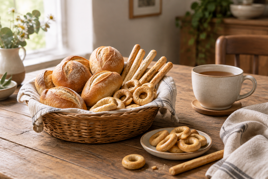 Imagen ilustrativa de panificados variados y una taza sobre una mesa para el desayuno o la merienda.