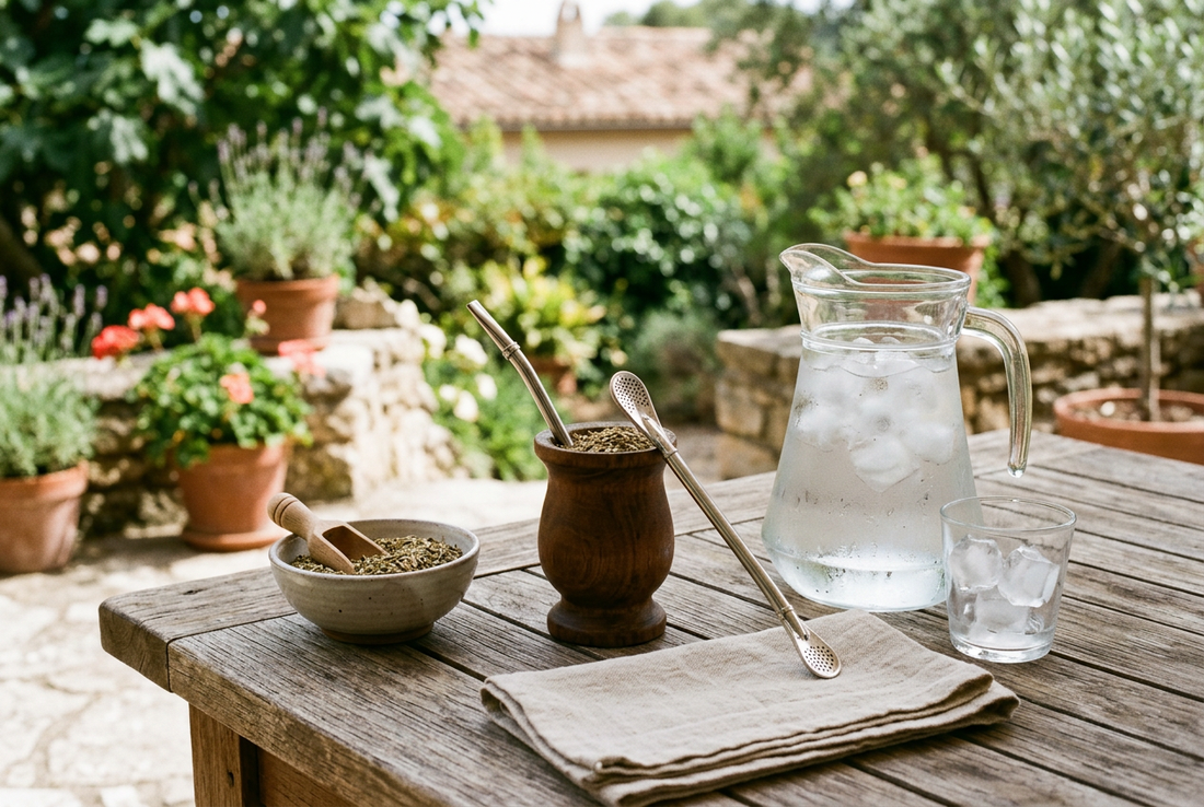 Escena ilustrativa de un recipiente con yerba y bombilla junto a una jarra de agua fría con hielo para preparar tereré.