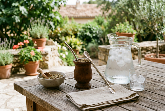 Escena ilustrativa de un recipiente con yerba y bombilla junto a una jarra de agua fría con hielo para preparar tereré.