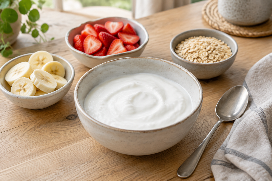 Imagen ilustrativa de un bowl de yogur con fruta y avena servidas por separado para el desayuno.