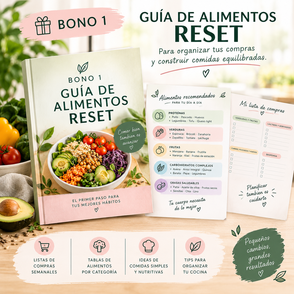 Guía de alimentos Método Reset 21 con portada beige, fotos de comidas saludables y listas organizadoras para compras y nutrición