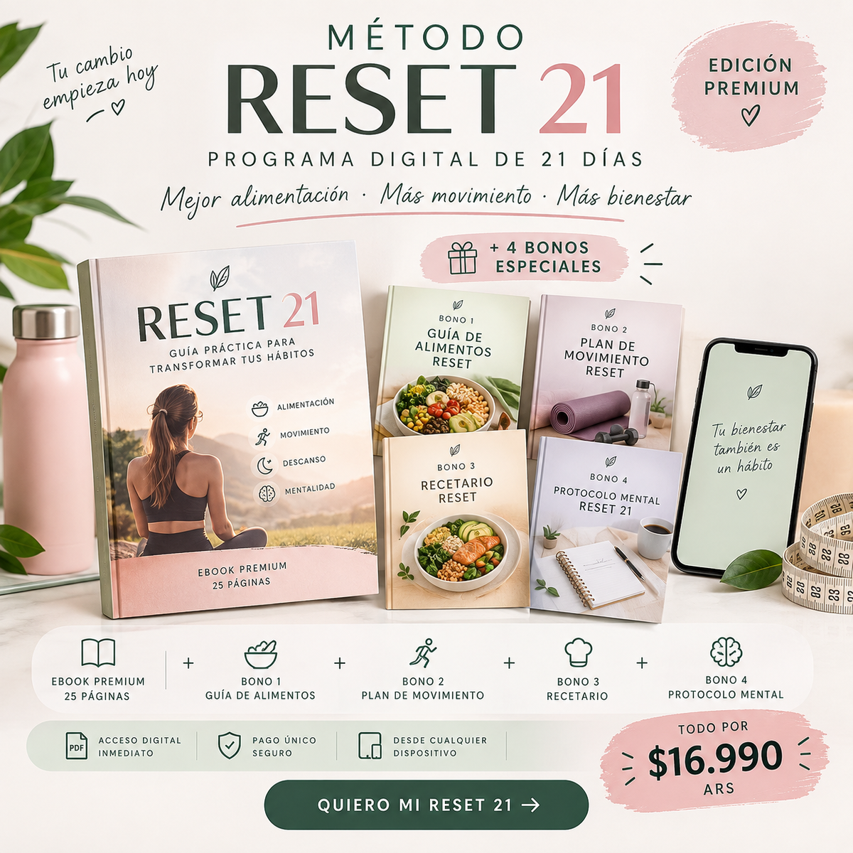 Paquete digital Método Reset 21 con libro electrónico premium rosa, cuatro bonos temáticos y teléfono móvil con pantalla blanca.