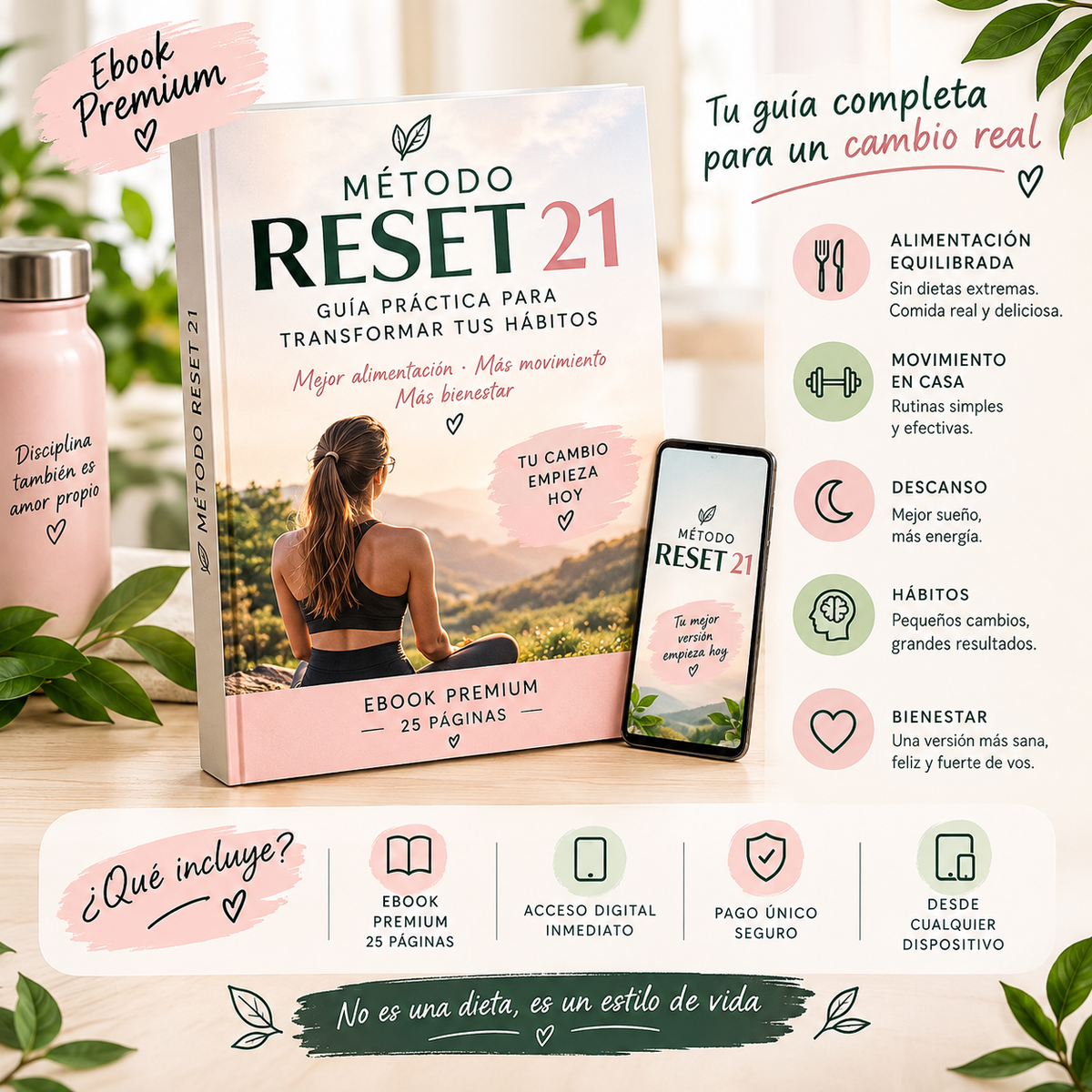 Programa digital Método Reset 21 con libro y móvil, portada rosa y blanca, guía para transformar hábitos en alimentación y bienestar