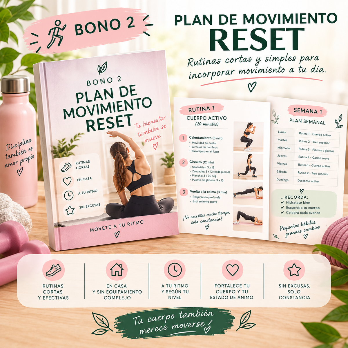 Programa digital Método Reset 21 con portada rosada y blanca que muestra rutinas de movimiento simples, sin equipo y para hacer en casa