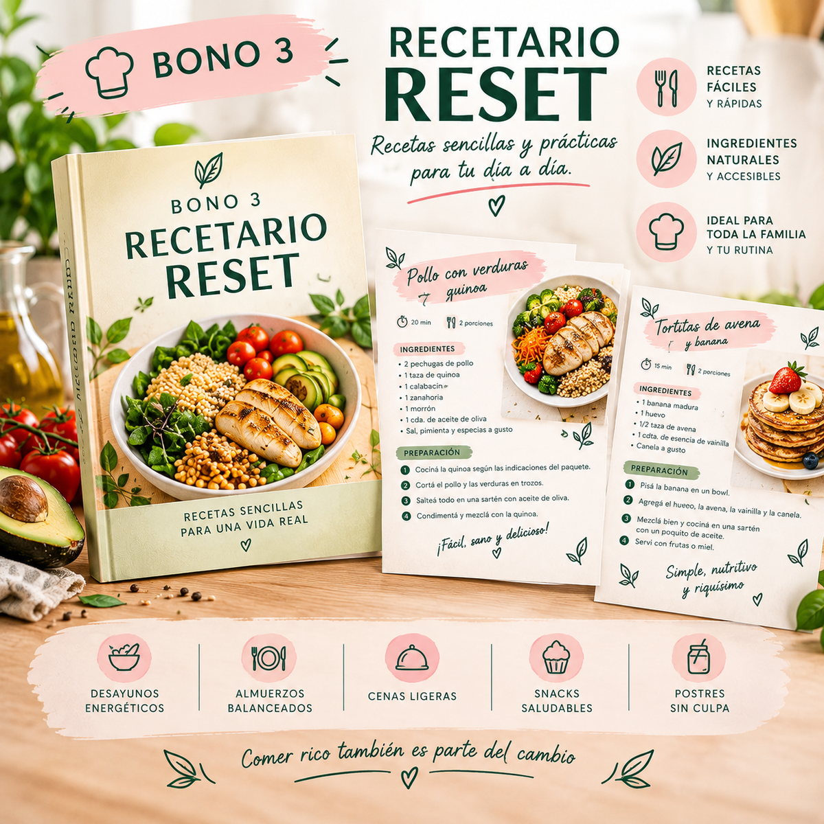 Recetario Método Reset 21 con recetas simples y prácticas, ingredientes naturales y platos saludables para toda la familia